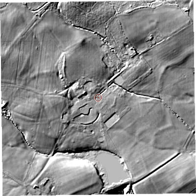 Shaded relief map of the ground around HR36LJ, computed from Environment Agency LiDAR. The ground here sits at about 134 m above sea level and falls 34 m across the surrounding 800 m. Surface water reaching this point runs off ground lying to the north-west, 7.8 m higher.