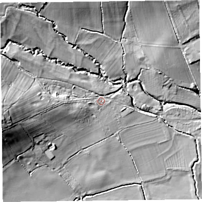 Shaded relief map of the ground around HR36LT, computed from Environment Agency LiDAR. The ground here sits at about 86 m above sea level and falls 25 m across the surrounding 800 m. Surface water reaching this point runs off ground lying to the west, 17.7 m higher.