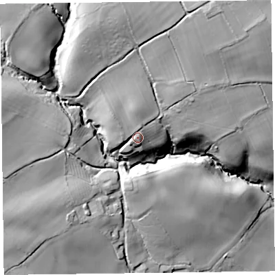 Shaded relief map of the ground around HR36NB, computed from Environment Agency LiDAR. The ground here sits at about 135 m above sea level and falls 54 m across the surrounding 800 m. Surface water reaching this point runs off ground lying to the north-north-west, 11.9 m higher.