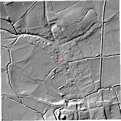 Shaded relief map of the ground around HR36NH, computed from Environment Agency LiDAR. The ground here sits at about 77 m above sea level and falls 17 m across the surrounding 800 m. Surface water reaching this point runs off ground lying to the north-west, 12.2 m higher.