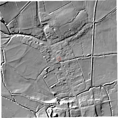 Shaded relief map of the ground around HR36NJ, computed from Environment Agency LiDAR. The ground here sits at about 77 m above sea level and falls 18 m across the surrounding 800 m. Surface water reaching this point runs off ground lying to the north-west, 13.4 m higher.