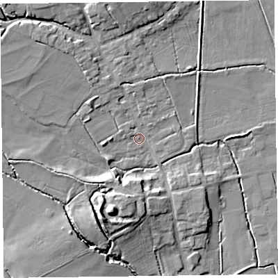 Shaded relief map of the ground around HR36NN, computed from Environment Agency LiDAR. The ground here sits at about 75 m above sea level and falls 14 m across the surrounding 800 m. Surface water reaching this point runs off ground lying to the north-west, 7.9 m higher.