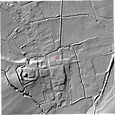Shaded relief map of the ground around HR36NP, computed from Environment Agency LiDAR. The ground here sits at about 74 m above sea level and falls 15 m across the surrounding 800 m. Surface water reaching this point runs off ground lying to the south-south-west, 1.9 m higher.