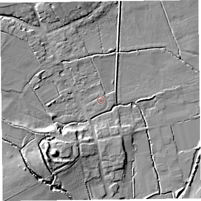 Shaded relief map of the ground around HR36NR, computed from Environment Agency LiDAR. The ground here sits at about 75 m above sea level and falls 14 m across the surrounding 800 m. Surface water reaching this point runs off ground lying to the east-north-east, 0.6 m higher.