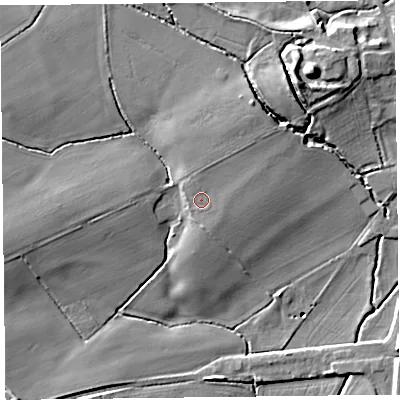 Shaded relief map of the ground around HR36NT, computed from Environment Agency LiDAR. The ground here sits at about 76 m above sea level and falls 18 m across the surrounding 800 m. Surface water reaching this point runs off ground lying to the north-east, 1.8 m higher.