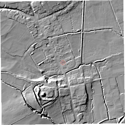 Shaded relief map of the ground around HR36NW, computed from Environment Agency LiDAR. The ground here sits at about 74 m above sea level and falls 14 m across the surrounding 800 m. Surface water reaching this point runs off ground lying to the north-west, 7.2 m higher.