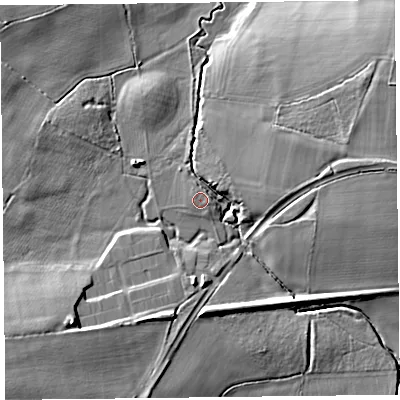 Shaded relief map of the ground around HR36NZ, computed from Environment Agency LiDAR. The ground here sits at about 68 m above sea level and falls 21 m across the surrounding 800 m. Surface water reaching this point runs off ground lying to the north-east, 19.6 m higher.