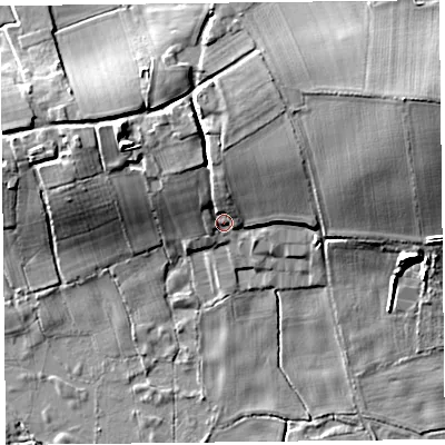 Shaded relief map of the ground around HR36PA, computed from Environment Agency LiDAR. The ground here sits at about 68 m above sea level and falls 18 m across the surrounding 800 m. Surface water reaching this point runs off ground lying to the north-west, 9.5 m higher.