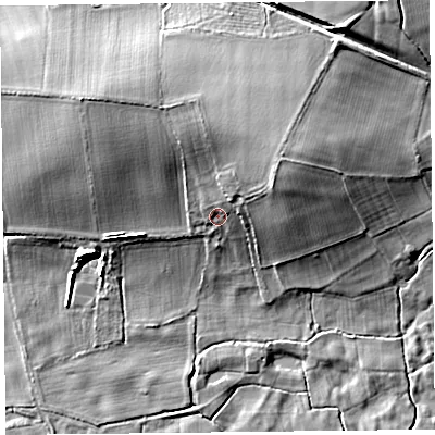 Shaded relief map of the ground around HR36PB, computed from Environment Agency LiDAR. The ground here sits at about 71 m above sea level and falls 19 m across the surrounding 800 m. Surface water reaching this point runs off ground lying to the north-east, 7.5 m higher.