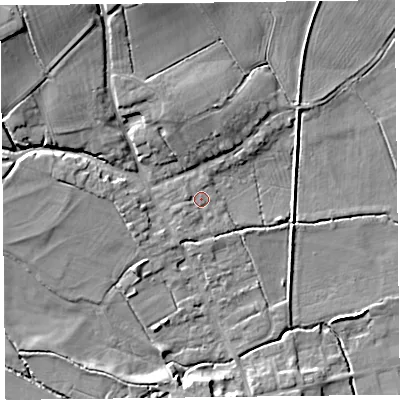 Shaded relief map of the ground around HR36PF, computed from Environment Agency LiDAR. The ground here sits at about 77 m above sea level and falls 18 m across the surrounding 800 m. Surface water reaching this point runs off ground lying to the west-north-west, 1.3 m higher.