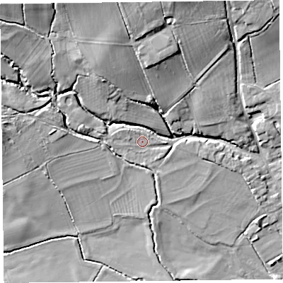 Shaded relief map of the ground around HR36PL, computed from Environment Agency LiDAR. The ground here sits at about 81 m above sea level and falls 19 m across the surrounding 800 m. Surface water reaching this point runs off ground lying to the west-north-west, 1.7 m higher.
