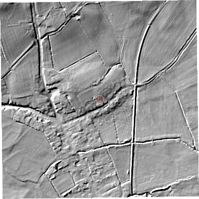 Shaded relief map of the ground around HR36PP, computed from Environment Agency LiDAR. The ground here sits at about 79 m above sea level and falls 22 m across the surrounding 800 m. Surface water reaching this point runs off ground lying to the west-north-west, 2.2 m higher.