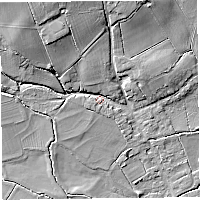 Shaded relief map of the ground around HR36PQ, computed from Environment Agency LiDAR. The ground here sits at about 79 m above sea level and falls 19 m across the surrounding 800 m. Surface water reaching this point runs off ground lying to the north-north-west, 15.3 m higher.