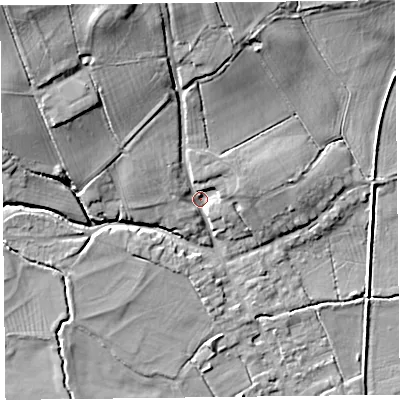 Shaded relief map of the ground around HR36PW, computed from Environment Agency LiDAR. The ground here sits at about 79 m above sea level and falls 22 m across the surrounding 800 m. Surface water reaching this point runs off ground lying to the north-north-west, 15.3 m higher.
