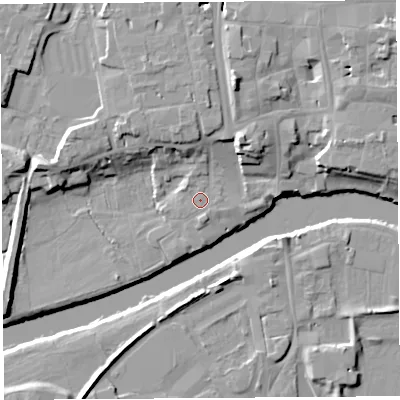 Shaded relief map of the ground around HR40BE, computed from Environment Agency LiDAR. The ground here sits at about 52 m above sea level and falls 13 m across the surrounding 800 m. Surface water reaching this point runs off ground lying to the north-north-east, 9.2 m higher.