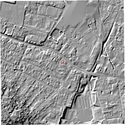 Shaded relief map of the ground around HR40DE, computed from Environment Agency LiDAR. The ground here sits at about 56 m above sea level and falls 13 m across the surrounding 800 m. Surface water reaching this point runs off ground lying to the west-north-west, 2.0 m higher.
