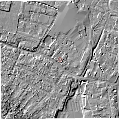 Shaded relief map of the ground around HR40DG, computed from Environment Agency LiDAR. The ground here sits at about 57 m above sea level and falls 14 m across the surrounding 800 m. Surface water reaching this point runs off ground lying to the east-north-east, 0.9 m higher.