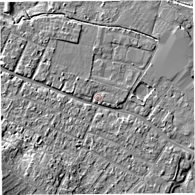 Shaded relief map of the ground around HR40DH, computed from Environment Agency LiDAR. The ground here sits at about 57 m above sea level and falls 16 m across the surrounding 800 m. Surface water reaching this point runs off ground lying to the north-north-west, 1.7 m higher.