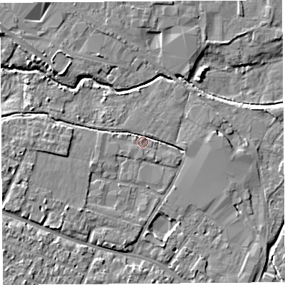 Shaded relief map of the ground around HR40EE, computed from Environment Agency LiDAR. The ground here sits at about 57 m above sea level and falls 6 m across the surrounding 800 m. Surface water reaching this point runs off ground lying to the south, 0.6 m higher.