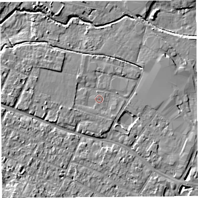 Shaded relief map of the ground around HR40EH, computed from Environment Agency LiDAR. The ground here sits at about 57 m above sea level and falls 14 m across the surrounding 800 m. Surface water reaching this point runs off ground lying to the west-south-west, 1.7 m higher.