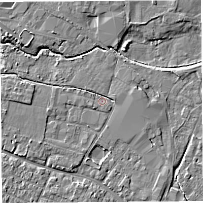Shaded relief map of the ground around HR40EL, computed from Environment Agency LiDAR. The ground here sits at about 57 m above sea level and falls 6 m across the surrounding 800 m. Surface water reaching this point runs off ground lying to the south-west, 1.8 m higher.
