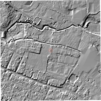 Shaded relief map of the ground around HR40EN, computed from Environment Agency LiDAR. The ground here sits at about 57 m above sea level and falls 10 m across the surrounding 800 m. Surface water reaching this point runs off ground lying to the west, 1.4 m higher.