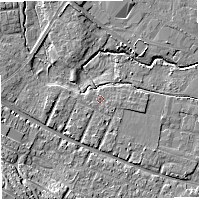 Shaded relief map of the ground around HR40ES, computed from Environment Agency LiDAR. The ground here sits at about 58 m above sea level and falls 21 m across the surrounding 800 m. Surface water reaching this point runs off ground lying to the west-south-west, 0.7 m higher.