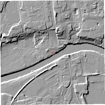Shaded relief map of the ground around HR40FD, computed from Environment Agency LiDAR. The ground here sits at about 51 m above sea level and falls 13 m across the surrounding 800 m. Surface water reaching this point runs off ground lying to the south-west, 8.8 m higher.