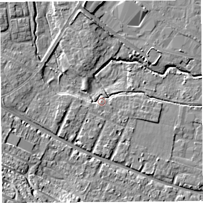 Shaded relief map of the ground around HR40FE, computed from Environment Agency LiDAR. The ground here sits at about 58 m above sea level and falls 21 m across the surrounding 800 m. Surface water reaching this point runs off ground lying to the west, 4.7 m higher.