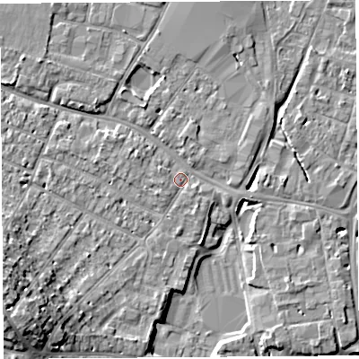 Shaded relief map of the ground around HR40JR, computed from Environment Agency LiDAR. The ground here sits at about 56 m above sea level and falls 13 m across the surrounding 800 m. Surface water reaching this point runs off ground lying to the west-south-west, 10.5 m higher.