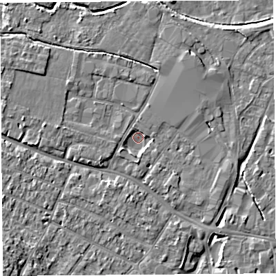 Shaded relief map of the ground around HR40LE, computed from Environment Agency LiDAR. The ground here sits at about 55 m above sea level and falls 14 m across the surrounding 800 m. Surface water reaching this point runs off ground lying to the south, 2.7 m higher.