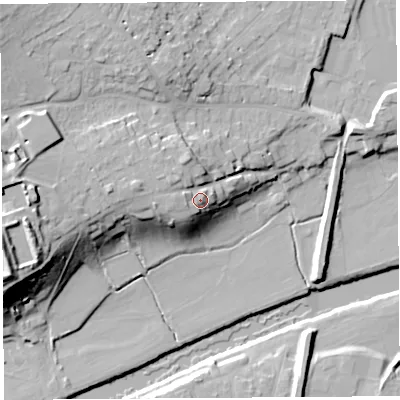 Shaded relief map of the ground around HR40LJ, computed from Environment Agency LiDAR. The ground here sits at about 64 m above sea level and falls 31 m across the surrounding 800 m. Surface water reaching this point runs off ground lying to the west-north-west, 4.9 m higher.