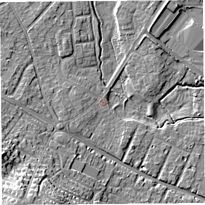 Shaded relief map of the ground around HR40NA, computed from Environment Agency LiDAR. The ground here sits at about 58 m above sea level and falls 24 m across the surrounding 800 m. Surface water reaching this point runs off ground lying to the west-south-west, 2.7 m higher.