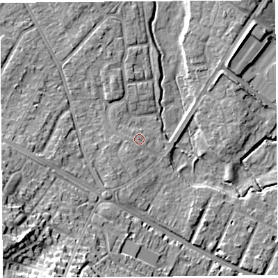 Shaded relief map of the ground around HR40NF, computed from Environment Agency LiDAR. The ground here sits at about 59 m above sea level and falls 22 m across the surrounding 800 m. Surface water reaching this point runs off ground lying to the south-west, 1.5 m higher.