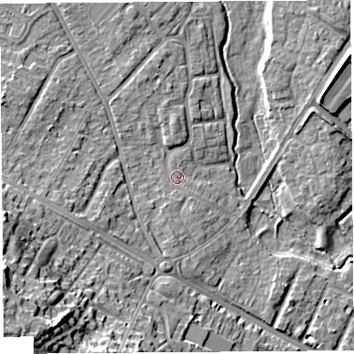 Shaded relief map of the ground around HR40NG, computed from Environment Agency LiDAR. The ground here sits at about 59 m above sea level and falls 23 m across the surrounding 800 m. Surface water reaching this point runs off ground lying to the south-south-west, 1.1 m higher.