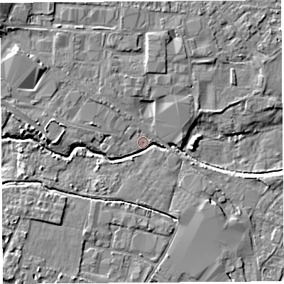 Shaded relief map of the ground around HR40NL, computed from Environment Agency LiDAR. The ground here sits at about 56 m above sea level and falls 6 m across the surrounding 800 m. Surface water reaching this point runs off ground lying to the south, 2.7 m higher.