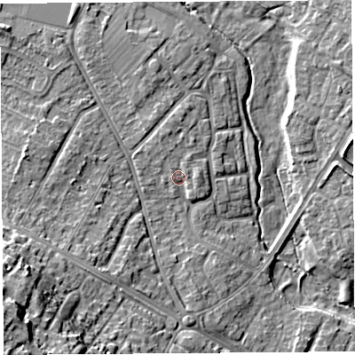 Shaded relief map of the ground around HR40NR, computed from Environment Agency LiDAR. The ground here sits at about 60 m above sea level and falls 23 m across the surrounding 800 m. Surface water reaching this point runs off ground lying to the north, 2.1 m higher.