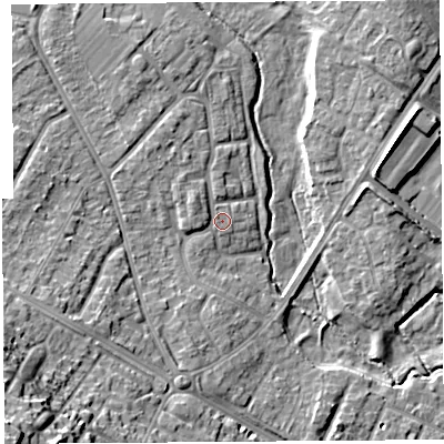 Shaded relief map of the ground around HR40NW, computed from Environment Agency LiDAR. The ground here sits at about 59 m above sea level and falls 21 m across the surrounding 800 m. Surface water reaching this point runs off ground lying to the north-west, 2.0 m higher.