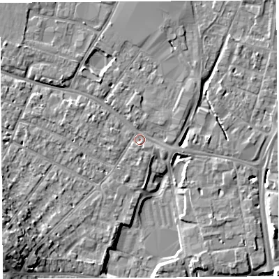 Shaded relief map of the ground around HR40NZ, computed from Environment Agency LiDAR. The ground here sits at about 56 m above sea level and falls 13 m across the surrounding 800 m. Surface water reaching this point runs off ground lying to the south-west, 9.9 m higher.