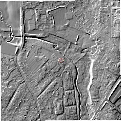Shaded relief map of the ground around HR40PA, computed from Environment Agency LiDAR. The ground here sits at about 60 m above sea level and falls 9 m across the surrounding 800 m. Surface water reaching this point runs off ground lying to the south-west, 1.9 m higher.