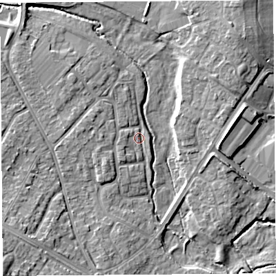 Shaded relief map of the ground around HR40PB, computed from Environment Agency LiDAR. The ground here sits at about 59 m above sea level and falls 14 m across the surrounding 800 m. Surface water reaching this point runs off ground lying to the north-west, 3.5 m higher.