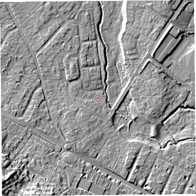 Shaded relief map of the ground around HR40PD, computed from Environment Agency LiDAR. The ground here sits at about 58 m above sea level and falls 21 m across the surrounding 800 m. Surface water reaching this point runs off ground lying to the west-south-west, 1.6 m higher.