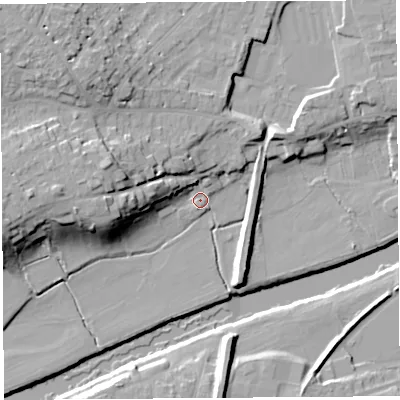Shaded relief map of the ground around HR40PH, computed from Environment Agency LiDAR. The ground here sits at about 52 m above sea level and falls 20 m across the surrounding 800 m. Surface water reaching this point runs off ground lying to the west, 14.9 m higher.