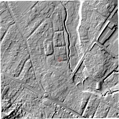 Shaded relief map of the ground around HR40PQ, computed from Environment Agency LiDAR. The ground here sits at about 59 m above sea level and falls 22 m across the surrounding 800 m. Surface water reaching this point runs off ground lying to the west-south-west, 6.2 m higher.