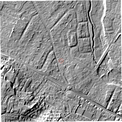 Shaded relief map of the ground around HR40RH, computed from Environment Agency LiDAR. The ground here sits at about 60 m above sea level and falls 24 m across the surrounding 800 m. Surface water reaching this point runs off ground lying to the south-south-east, 1.4 m higher.