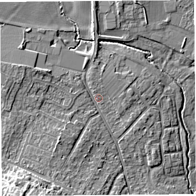 Shaded relief map of the ground around HR40RJ, computed from Environment Agency LiDAR. The ground here sits at about 61 m above sea level and falls 16 m across the surrounding 800 m. Surface water reaching this point runs off ground lying to the north, 3.0 m higher.