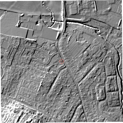 Shaded relief map of the ground around HR40RN, computed from Environment Agency LiDAR. The ground here sits at about 61 m above sea level and falls 17 m across the surrounding 800 m. Surface water reaching this point runs off ground lying to the south-south-west, 13.6 m higher.