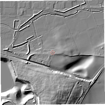 Shaded relief map of the ground around HR47AH, computed from Environment Agency LiDAR. The ground here sits at about 73 m above sea level and falls 23 m across the surrounding 800 m. Surface water reaching this point runs off ground lying to the south-south-east, 1.4 m higher.