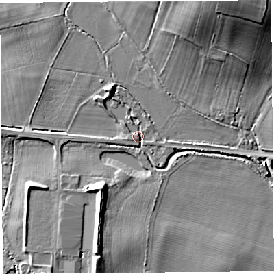 Shaded relief map of the ground around HR47AN, computed from Environment Agency LiDAR. The ground here sits at about 65 m above sea level and falls 17 m across the surrounding 800 m. Surface water reaching this point runs off ground lying to the north-north-west, 4.1 m higher.