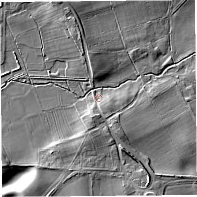 Shaded relief map of the ground around HR47AP, computed from Environment Agency LiDAR. The ground here sits at about 70 m above sea level and falls 12 m across the surrounding 800 m. Surface water reaching this point runs off ground lying to the south-south-west, 3.9 m higher.